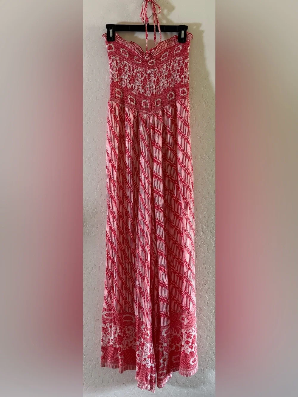 Free People, large, red & white boho-patterned strapless wide-leg jumpsuit